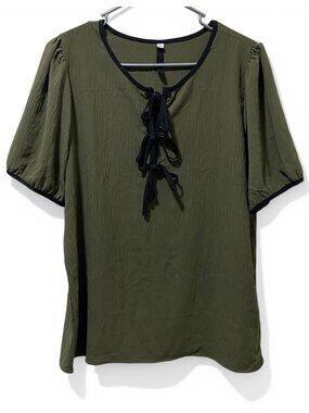 CicBird Womens Blouse L Olive Green Tie Neck Short Sleeve Casual Top NWT